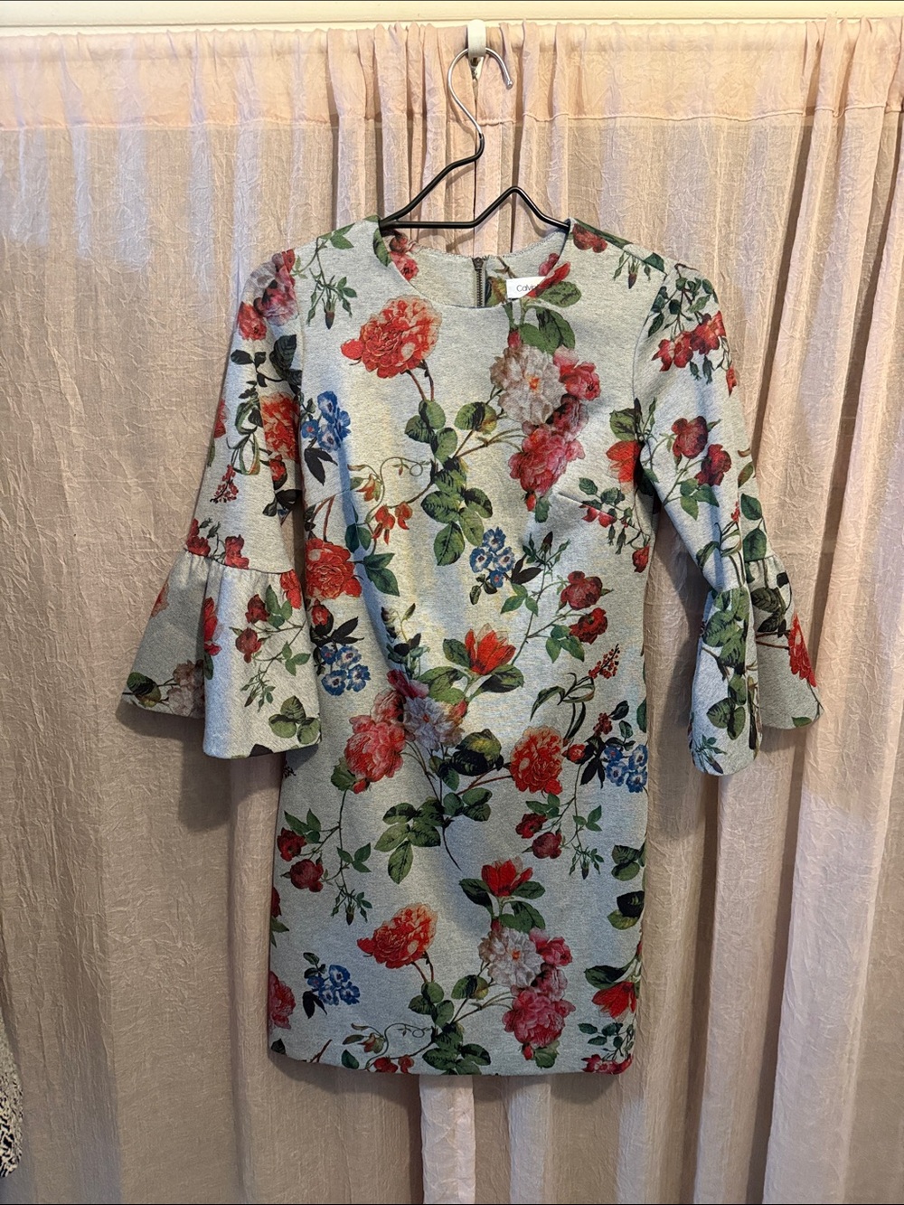 Calvin Klein Floral Bell-Sleeve Midi Dress in Light Blue